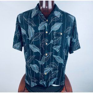 Banana Cabana Mens XL Silk Short Sleeve Stripes & Leaves Hawaiian Camp Shirt